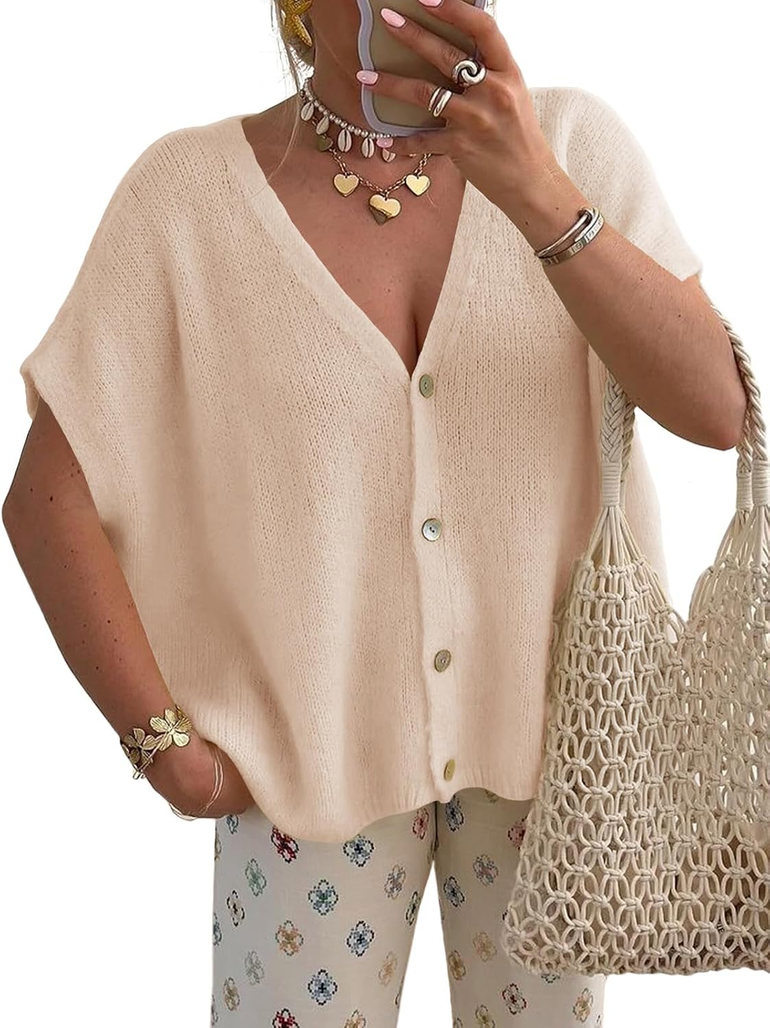 Women's Oversized V-Neck Cardigan with Batwing Short Sleeves in Apricot, on model
