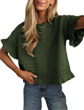 Women's Pointelle Knit Sweater Top with Ruffle Short Sleeves in Army Green