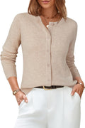 Women's Relaxed Crew Neck Cardigan with Ribbed Cuffs and Hem in Apricot