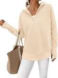 Women's Ribbed Half Zip Pullover with Side Slits in Apricot