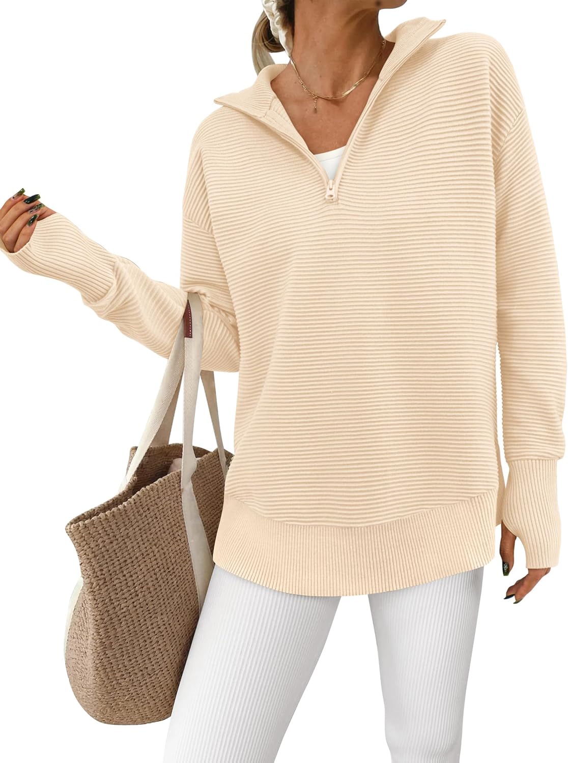 Women's Ribbed Half Zip Pullover with Side Slits in Apricot