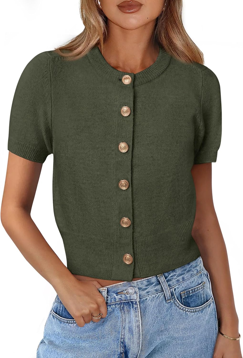 Women's Short Sleeve Crew Neck Cardigan with Gold-Tone Buttons in Army Green