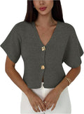 Women's Short Sleeve V-Neck Cardigan with Gold-Tone Buttons in Army Green