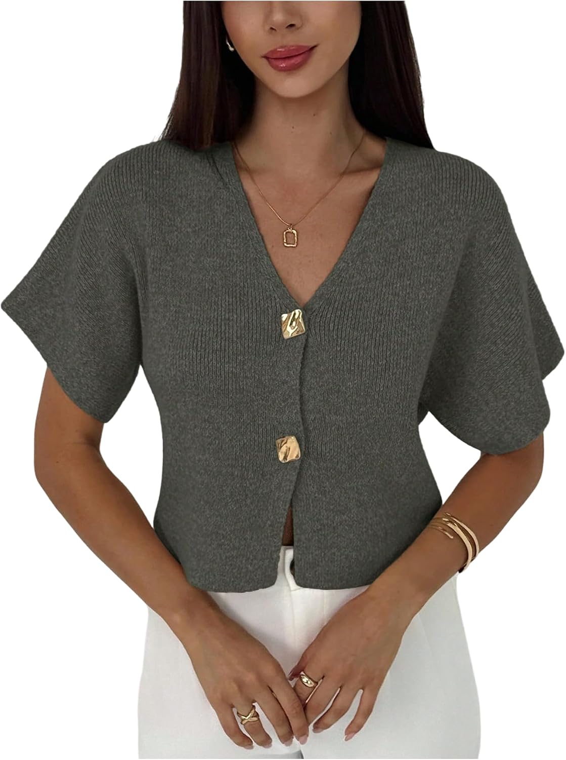 Women's Short Sleeve V-Neck Cardigan with Gold-Tone Buttons in Army Green