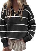 Women's Striped Half Zip Collared Sweater with Drop Shoulders in Black