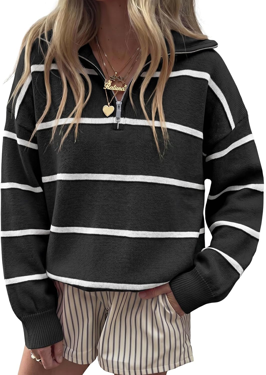 Women's Striped Half Zip Collared Sweater with Drop Shoulders in Black