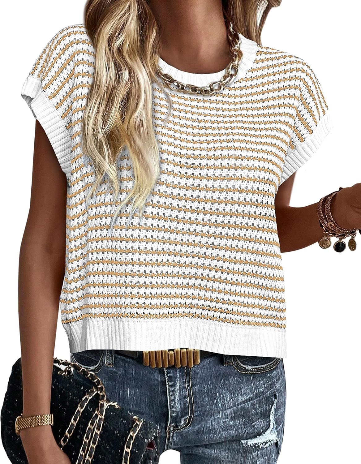 Women's Striped Knit Cap Sleeve Sweater Top in Apricot Stripe