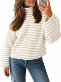 Women's Striped Zip Up Cardigan with Stand Collar in Apricot