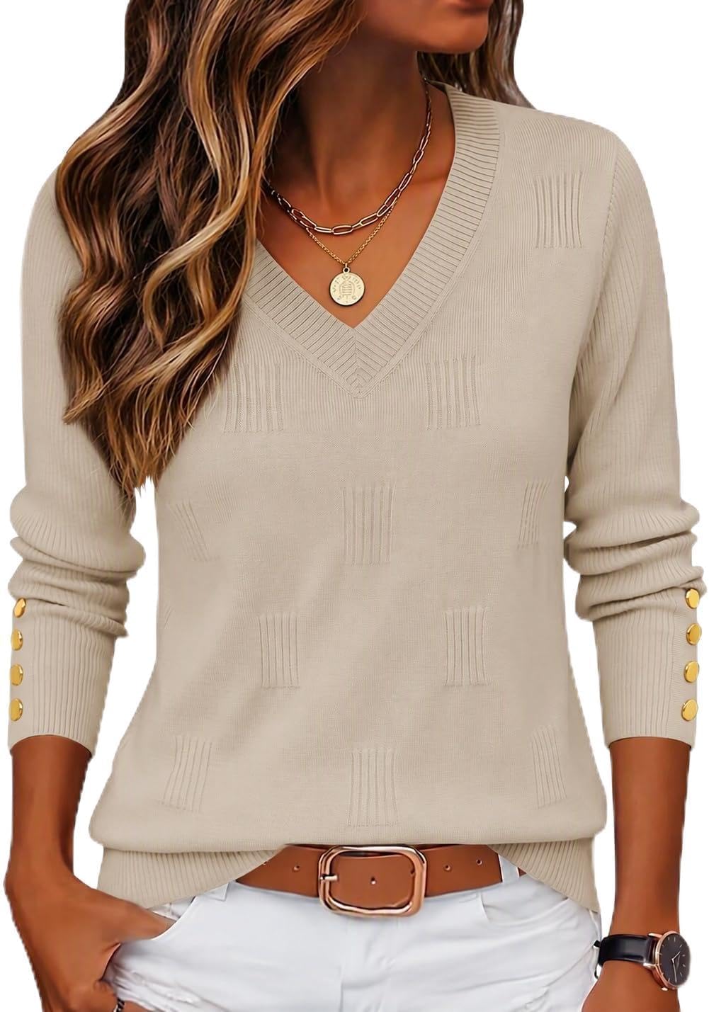 Women's Textured Knit V-Neck Sweater with Button Cuffs in Almond