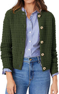 Women's Waffle Knit Crew Neck Cardigan with Button Front in Army Green